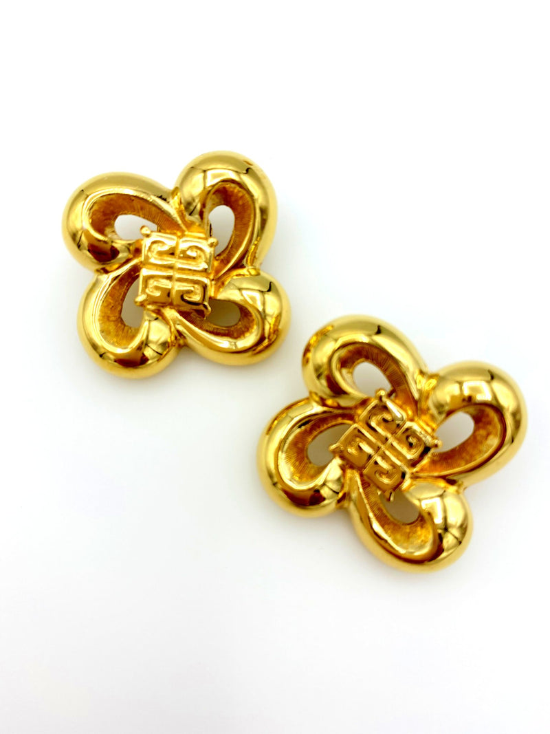 Classic Givenchy Gold Bow Logo Vintage Clip-On Earrings - 24 Wishes Vintage Jewelry