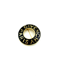 Classic Gold Givenchy Open Circle Black Enamel Logo Brooch Pin - 24 Wishes Vintage Jewelry