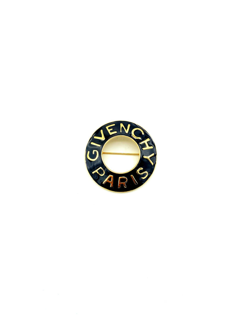 Classic Gold Givenchy Open Circle Black Enamel Logo Brooch Pin - 24 Wishes Vintage Jewelry