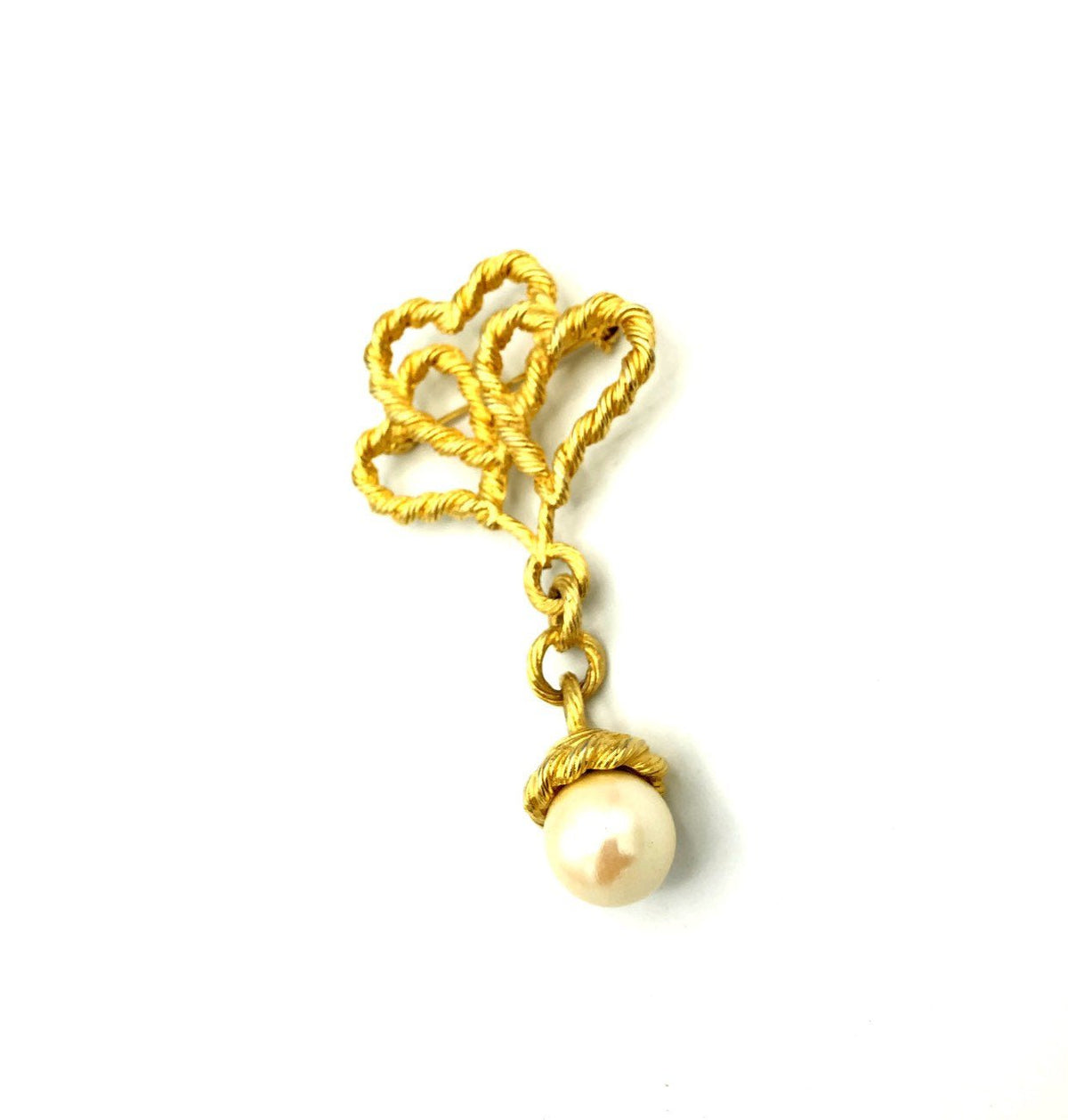 Classic Gold Twisted Hearts With Pearl Dangle Vintage Brooch - 24 Wishes Vintage Jewelry