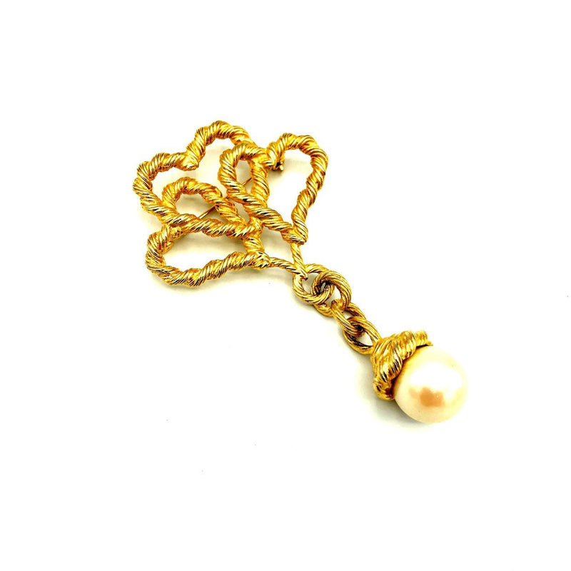 Classic Gold Twisted Hearts With Pearl Dangle Vintage Brooch - 24 Wishes Vintage Jewelry