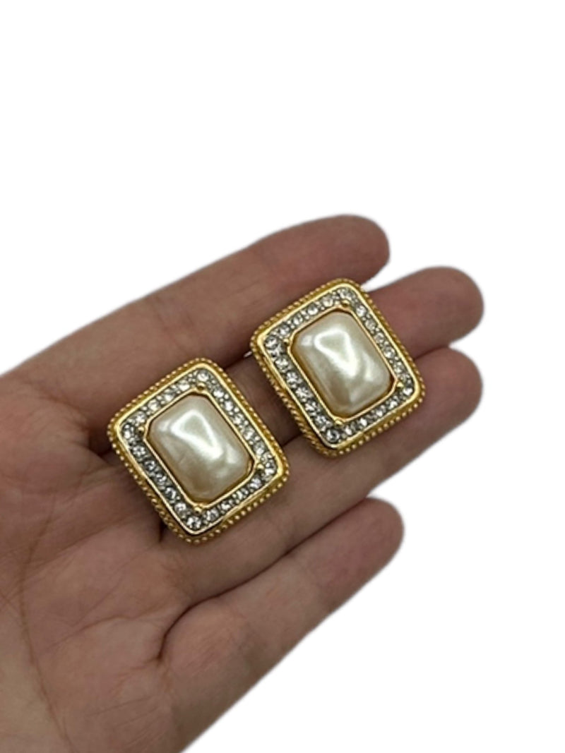 Classic Joan Rivers Gold Rectangle Pearl & Rhinestone Vintage Clip-On Earrings - 24 Wishes Vintage Jewelry