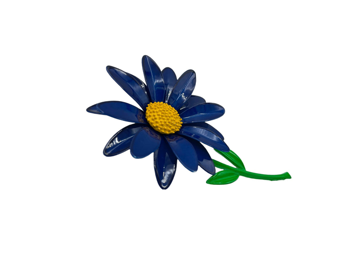 Classic Large Blue Enamel Daisy Flower Vintage Brooch - 24 Wishes Vintage Jewelry