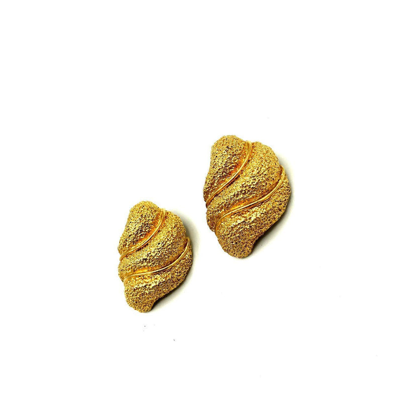 Classic Les Bernard Gold Textured Abstract Swirl Vintage Clip-On Earrings - 24 Wishes Vintage Jewelry