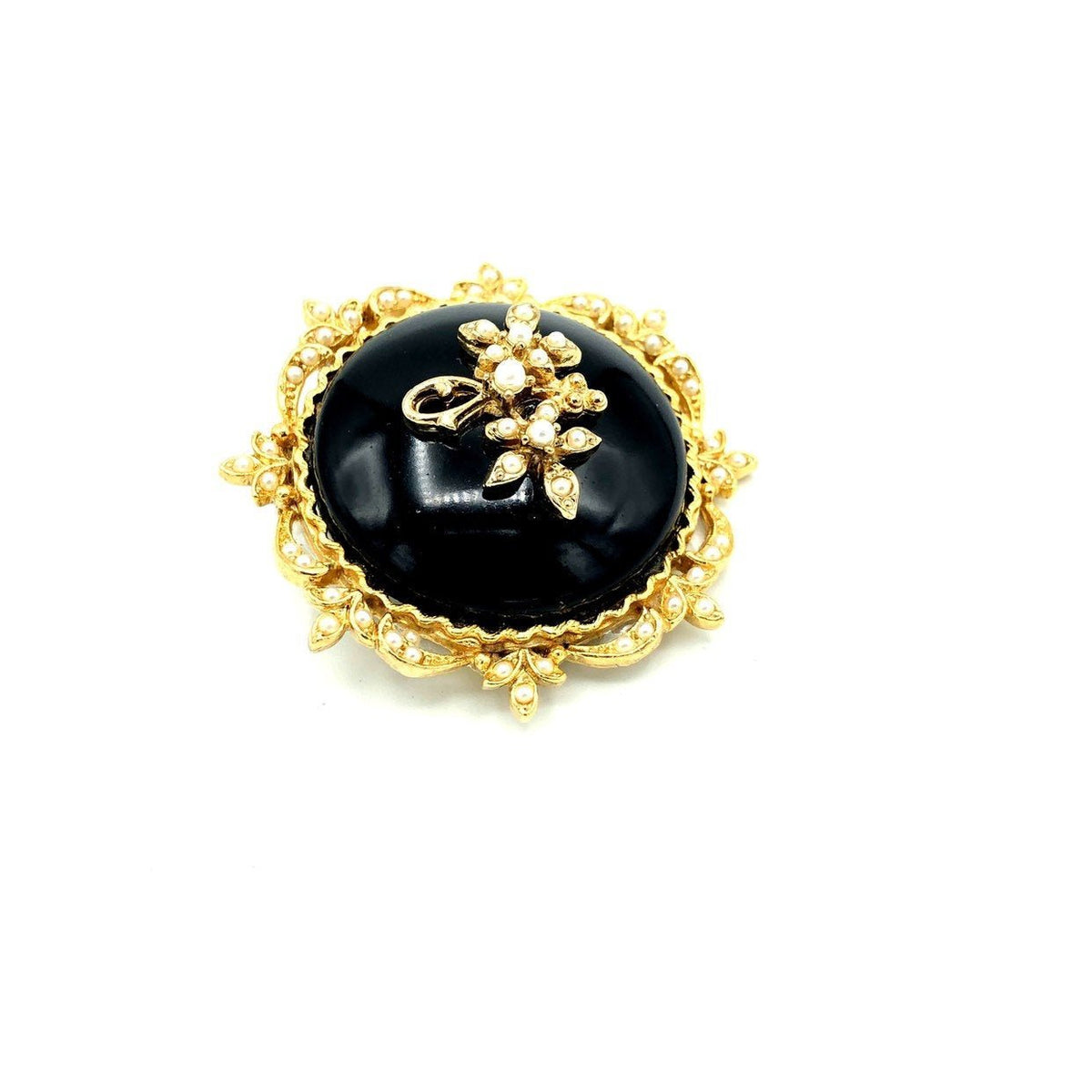 Classic Victorian Inspired Black With Seed Pearl Brooch By Art - 24 Wishes Vintage Jewelry