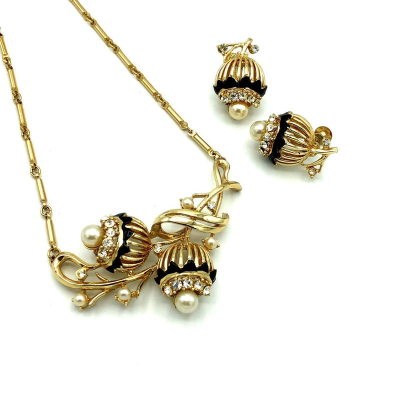 Coro Gold Floral Pearl & Rhinestone Vintage Jewelry Set - 24 Wishes Vintage Jewelry