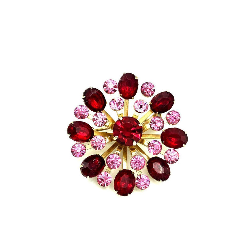 Coro Layered Red Pink Rhinestone Vintage Brooch - 24 Wishes Vintage Jewelry