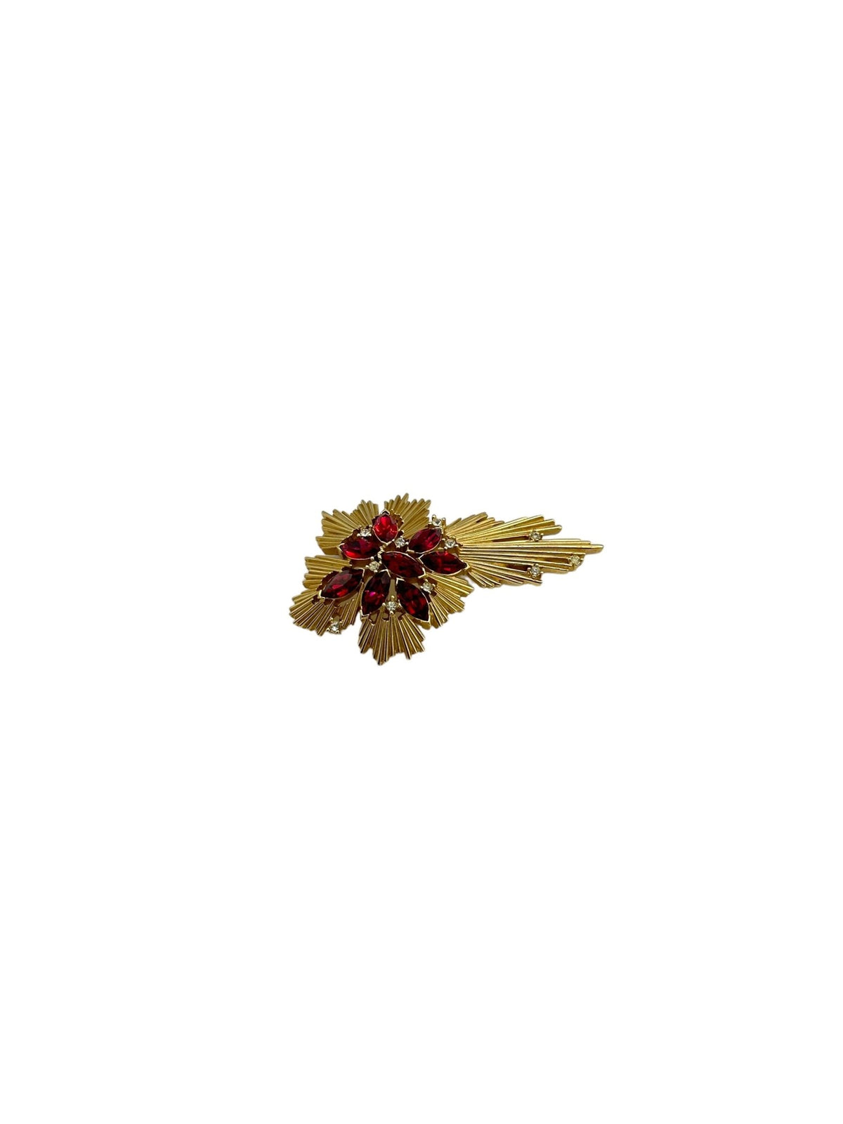 Crown Trifari Gold Ruby Red Rhinestone Atomic Vintage Brooch - 24 Wishes Vintage Jewelry