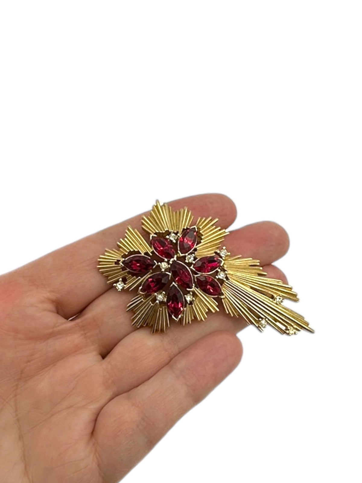 Crown Trifari Gold Ruby Red Rhinestone Atomic Vintage Brooch - 24 Wishes Vintage Jewelry