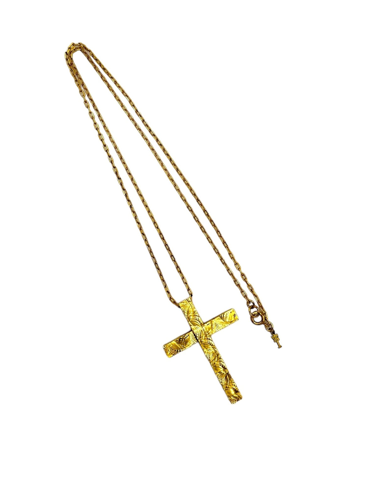 Crown Trifari Jewelry Gold Large Etched Cross Pendant Long Chain Necklace - 24 Wishes Vintage Jewelry