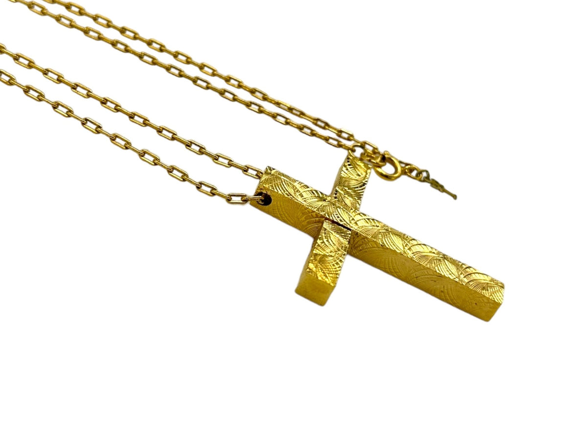 Crown Trifari Jewelry Gold Large Etched Cross Pendant Long Chain Necklace - 24 Wishes Vintage Jewelry