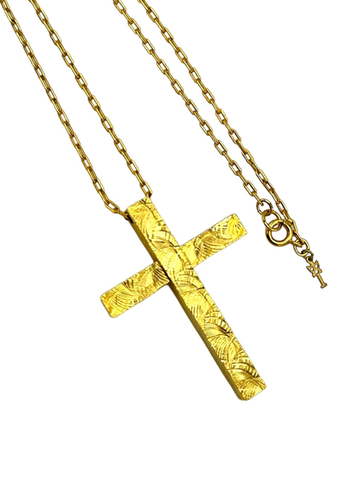 Crown Trifari Jewelry Gold Large Etched Cross Pendant Long Chain Necklace - 24 Wishes Vintage Jewelry