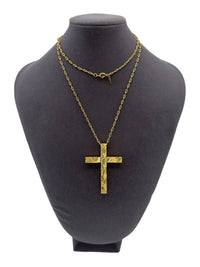 Crown Trifari Jewelry Gold Large Etched Cross Pendant Long Chain Necklace - 24 Wishes Vintage Jewelry