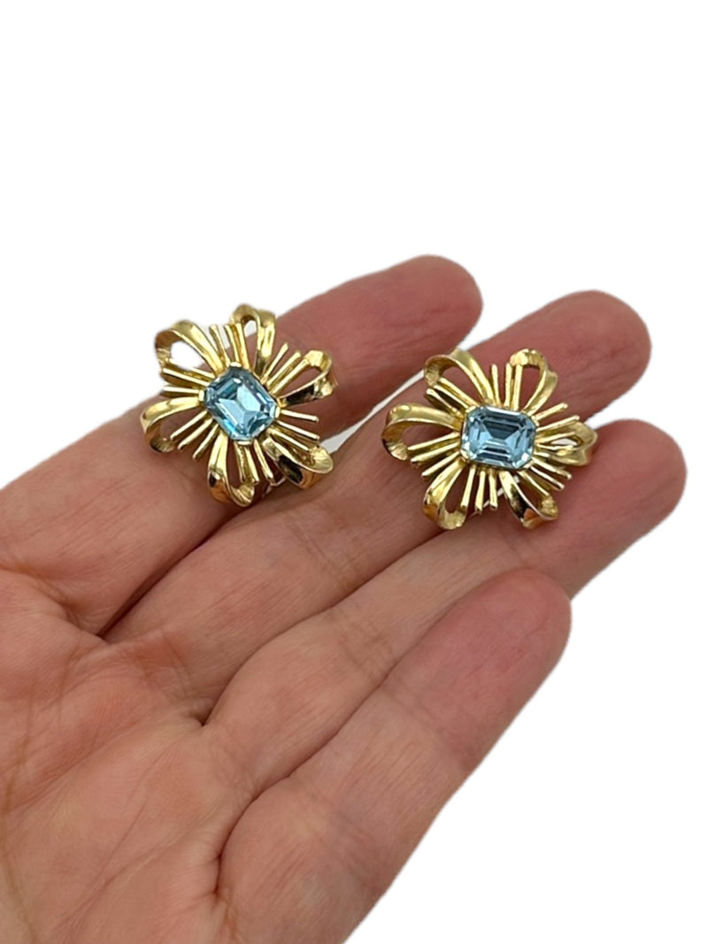 Crown Trifari Vintage Jewelry Aquamarine Blue Rhinestone Bow Clip-On Earrings - 24 Wishes Vintage Jewelry