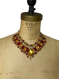 De Luxe NYC A’Dam Citrine Yellow & Ruby Red Rhinestone Statement Necklace - 24 Wishes Vintage Jewelry