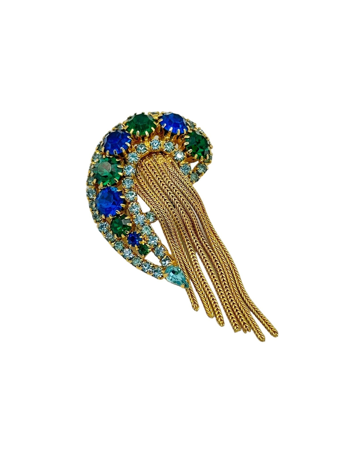 D&E Paisley Blue Green Rhinestone Fringe Vintage Brooch Pin - 24 Wishes Vintage Jewelry