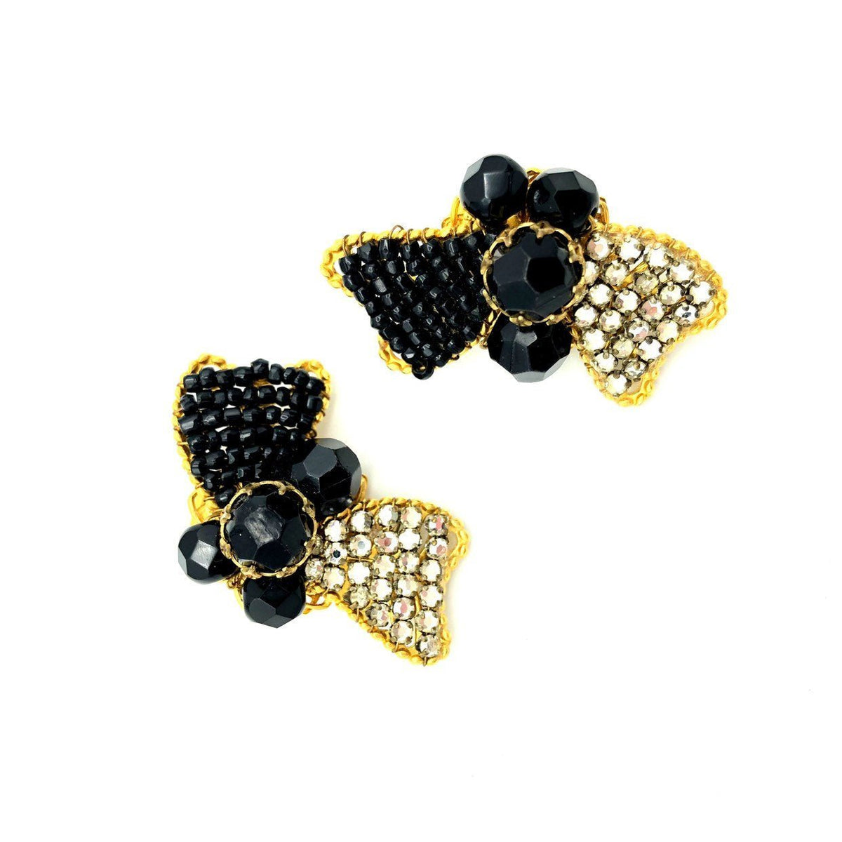 Demario NY Black Bead Rhinestone Bow Vintage Clip-On Earrings - 24 Wishes Vintage Jewelry