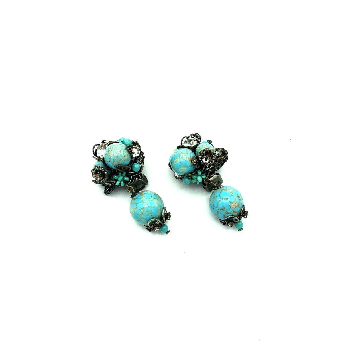DeMario NY Blue Turquoise Rhinestone Beaded Dangle Vintage Clip-On Earrings - 24 Wishes Vintage Jewelry
