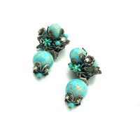 DeMario NY Blue Turquoise Rhinestone Beaded Dangle Vintage Clip-On Earrings - 24 Wishes Vintage Jewelry