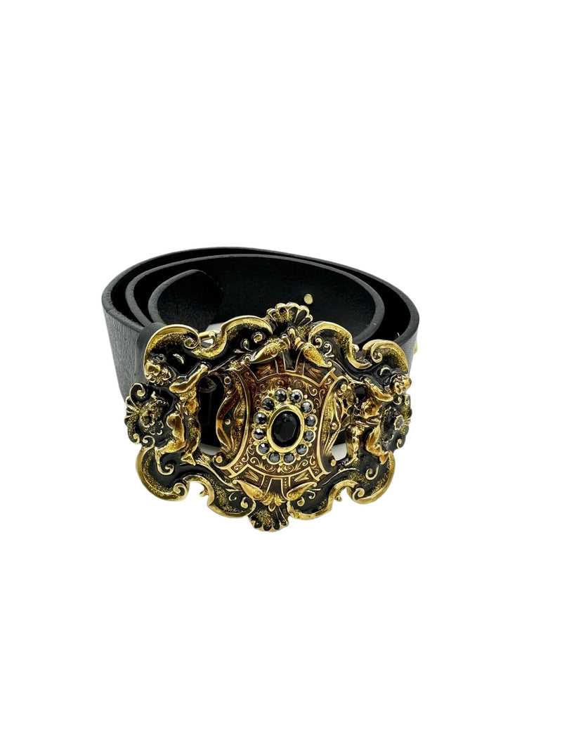 Doncaster Large Gold Enamel Cherub Black Leather Statement Belt Italy - 24 Wishes Vintage Jewelry