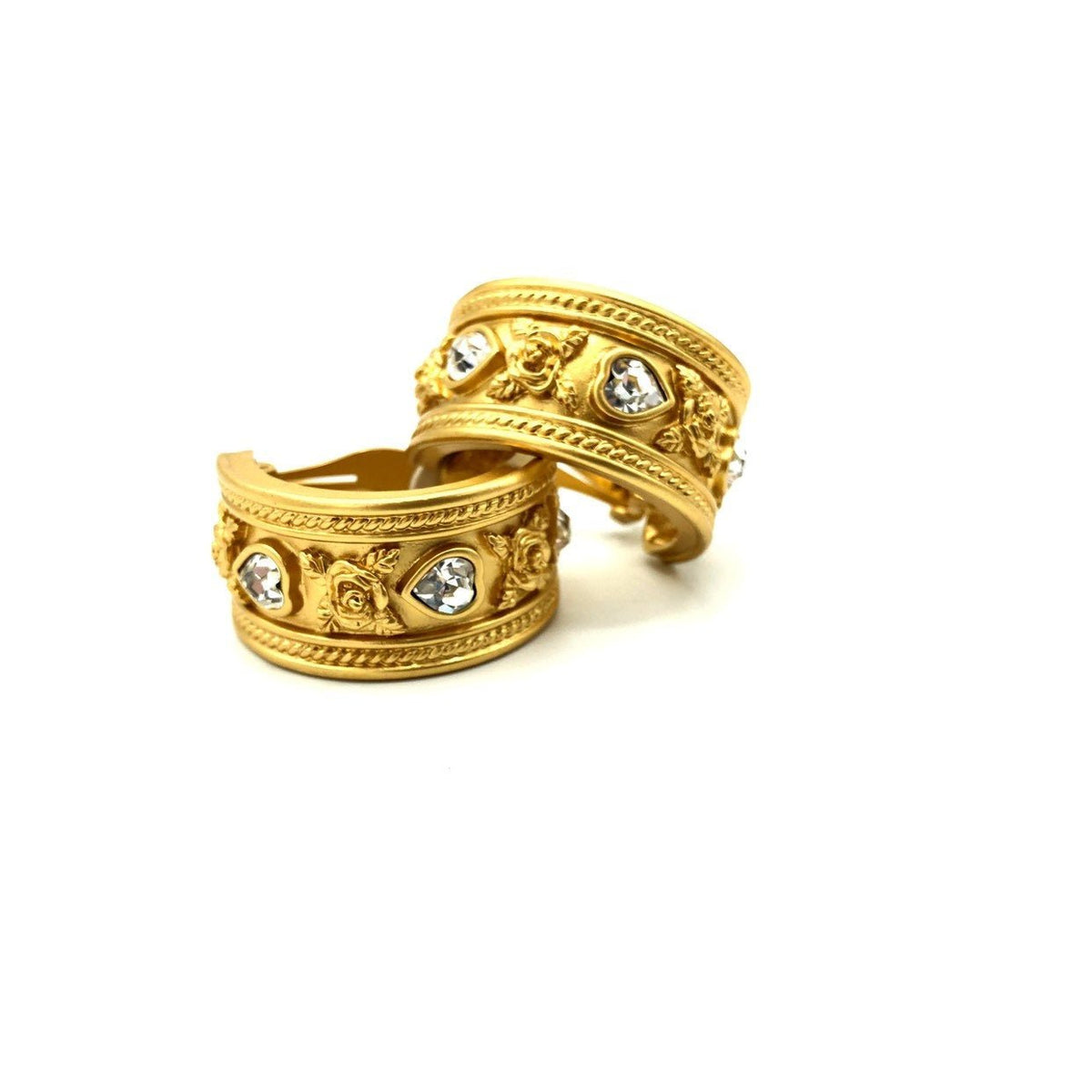 Elizabeth Taylor Gold Rose Chunky Hoop Love Blooms Vintage Clip-On Earrings - 24 Wishes Vintage Jewelry