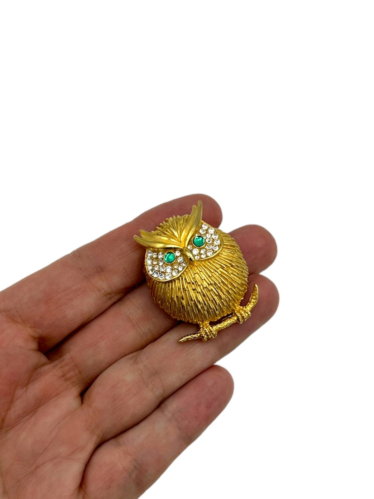 Erwin Pearl PEP Gold Textured Owl Green Eye Brooch - 24 Wishes Vintage Jewelry