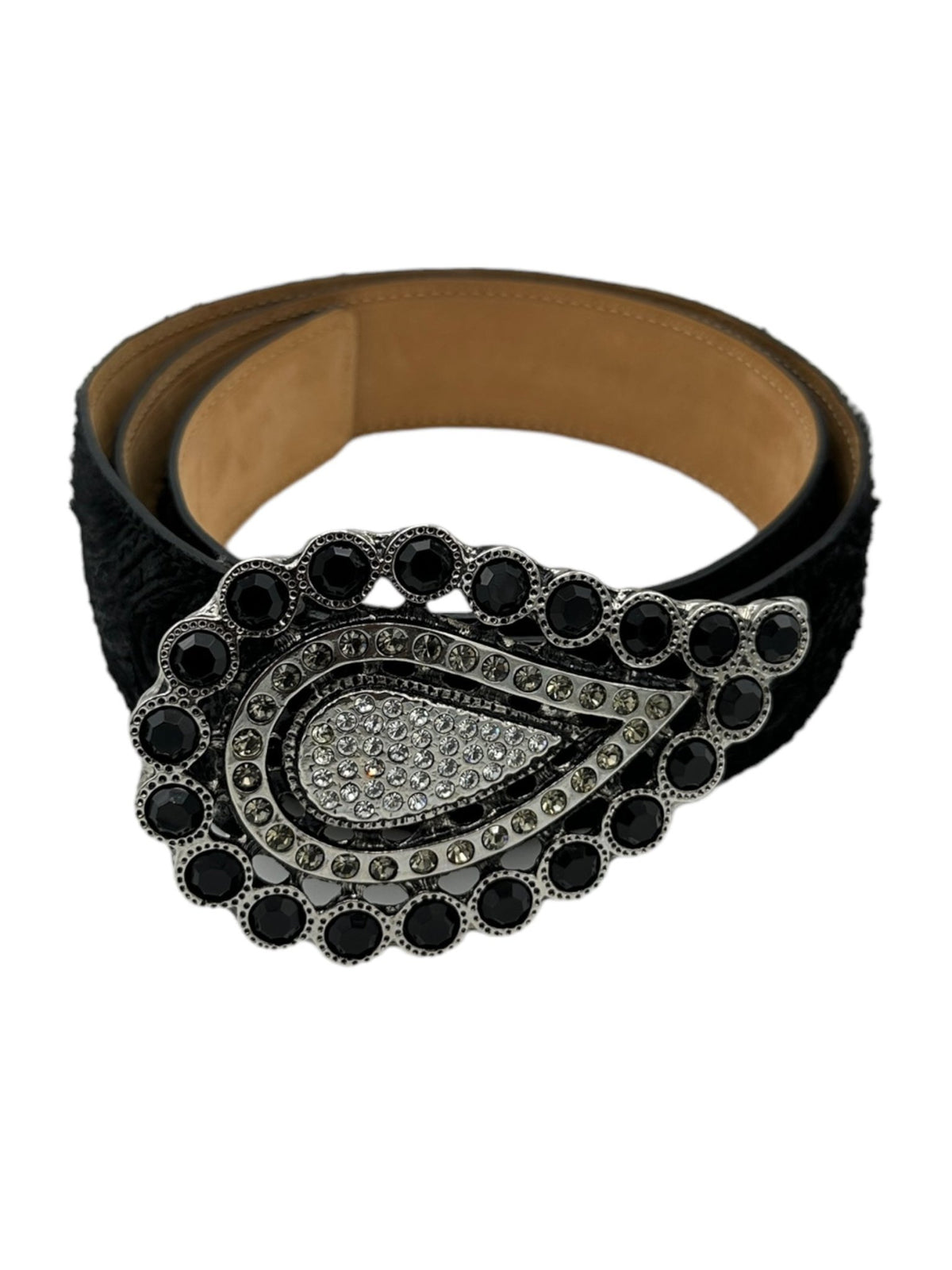 ETRO Large Pasley Black Rhinestone Embossed Leather Statement Belt Italy - 24 Wishes Vintage Jewelry