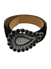 ETRO Large Pasley Black Rhinestone Embossed Leather Statement Belt Italy - 24 Wishes Vintage Jewelry