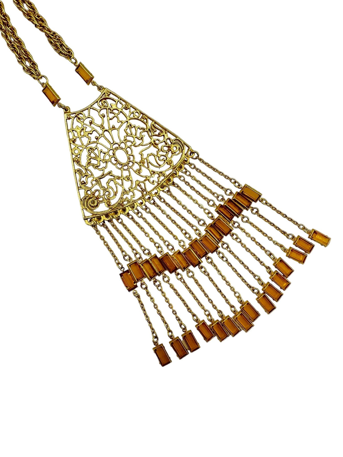 Etruscan Gold Waterfall Fringe Dangle Pendant Unsigned Goldette - 24 Wishes Vintage Jewelry