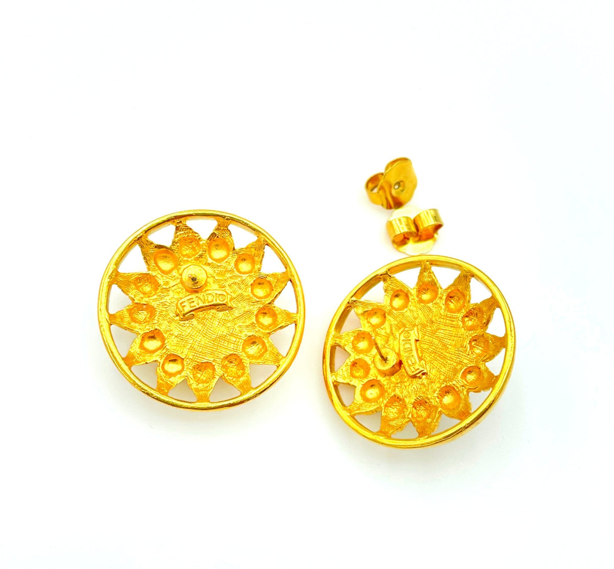 Fendi Gold Black Cabochon Round Sun Vintage Pierced Earrings - 24 Wishes Vintage Jewelry