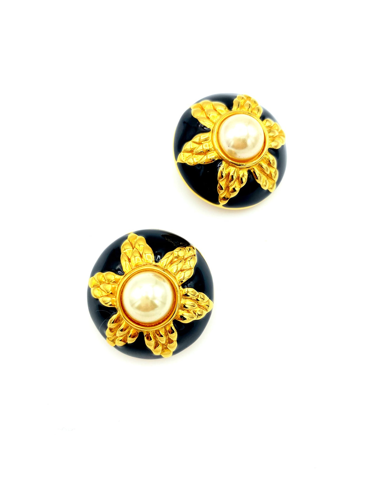 Fendi Gold Large Round Pearl & Black Enamel Vintage Clip-On Earrings - 24 Wishes Vintage Jewelry