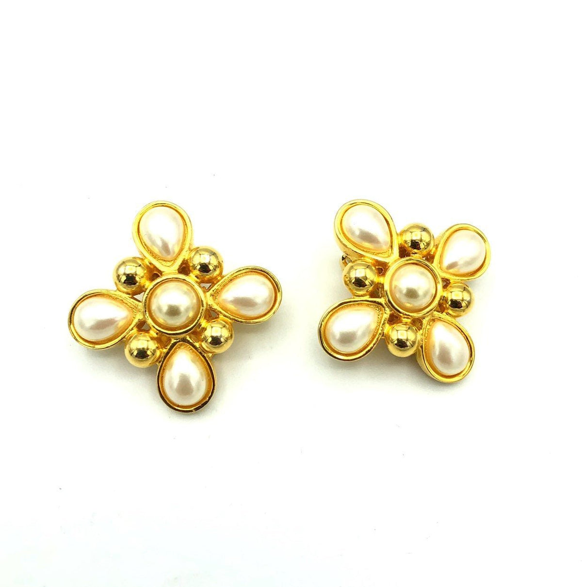 Fendi Gold Pearl Maltese Cross Vintage Clip-On Earrings - 24 Wishes Vintage Jewelry