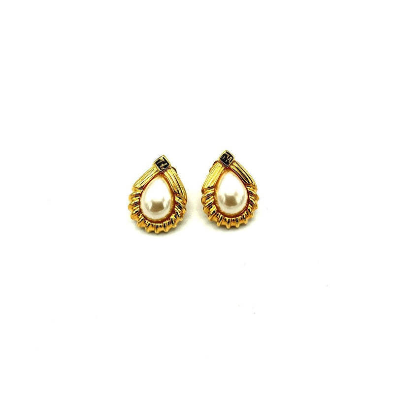 Fendi Gold Teardrop Pearl Vintage Logo Pierced Earrings - 24 Wishes Vintage Jewelry
