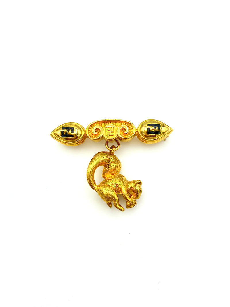 Fendi Iconic Gold Logo Squirrel Charm Vintage Brooch - 24 Wishes Vintage Jewelry