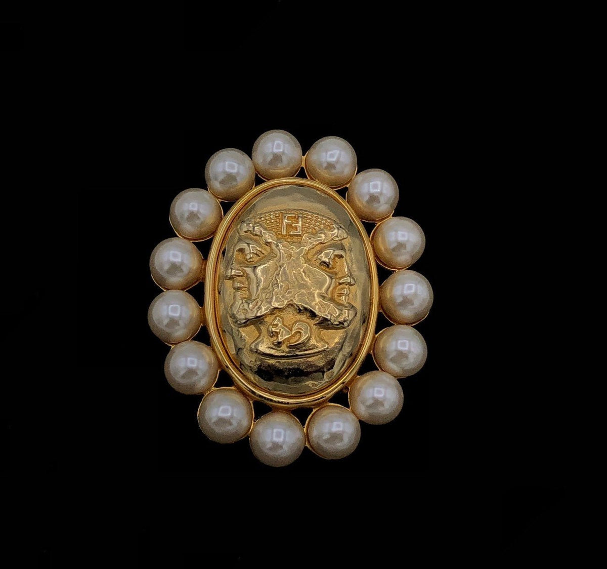 Fendi Iconic Two Sided Bacchus Dionysus Gold & Pearl Vintage Brooch - 24 Wishes Vintage Jewelry