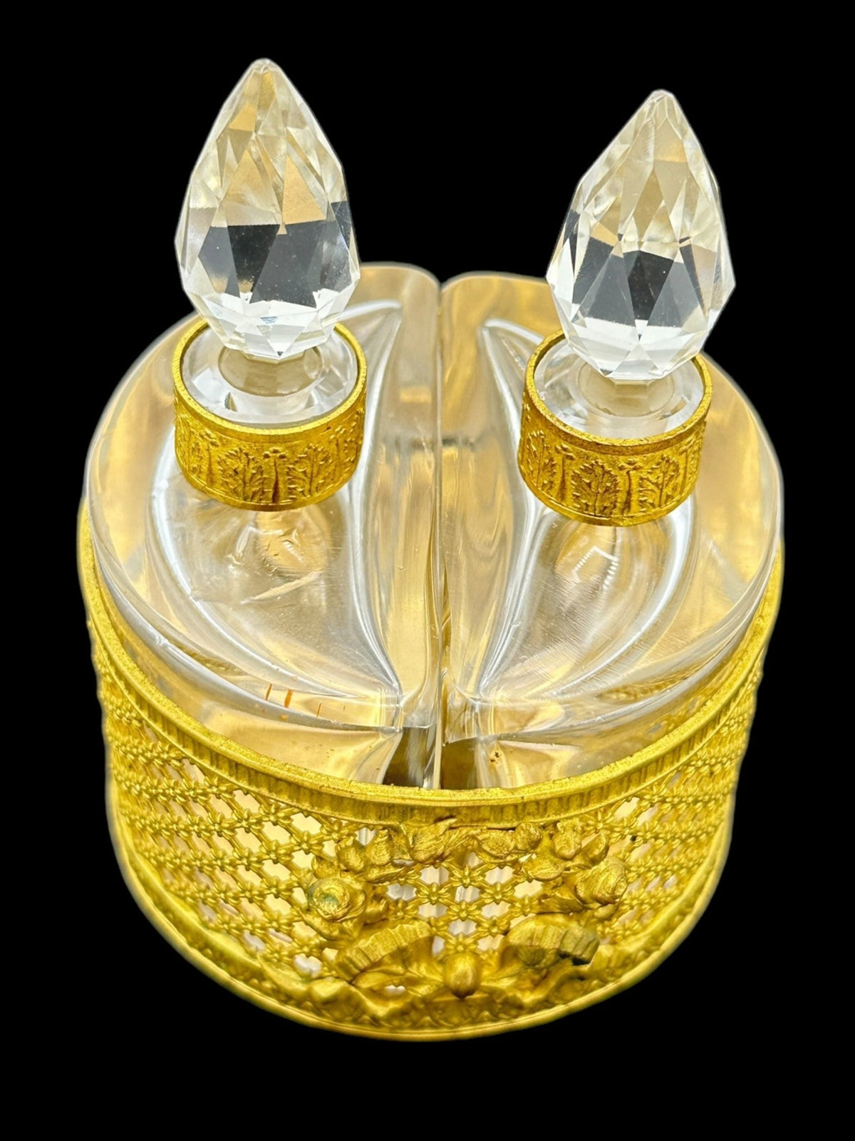 French Pair Crystal Perfume Bottle Floral Gold Ormolu Caddy - 24 Wishes Vintage Jewelry