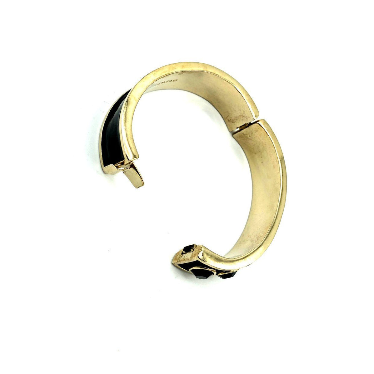 Givenchy Black Enamel & Rhinestone Vintage Hinged Bangle Bracelet - 24 Wishes Vintage Jewelry