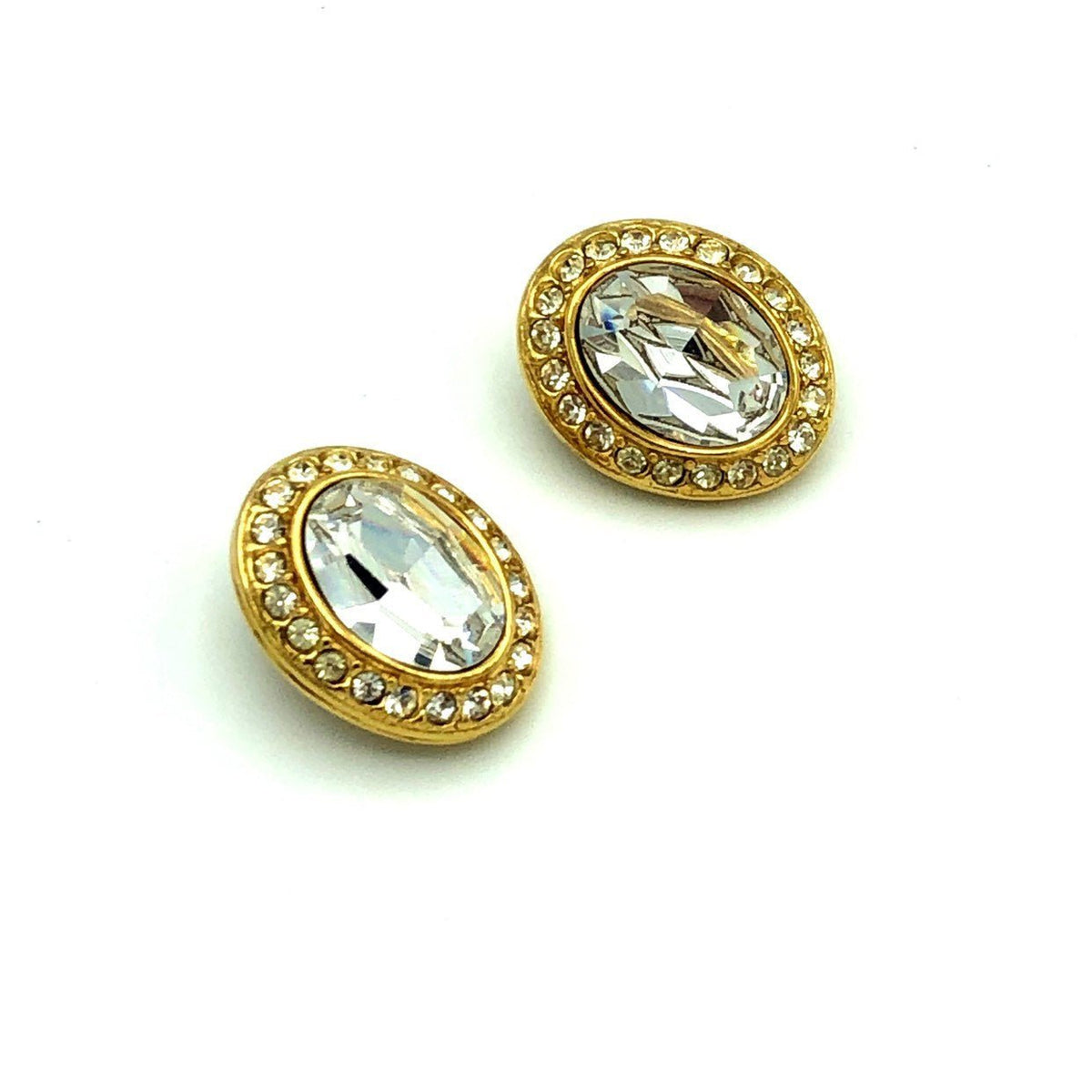 Givenchy Gold Classic Oval Rhinestone Vintage Clip-On Earrings - 24 Wishes Vintage Jewelry