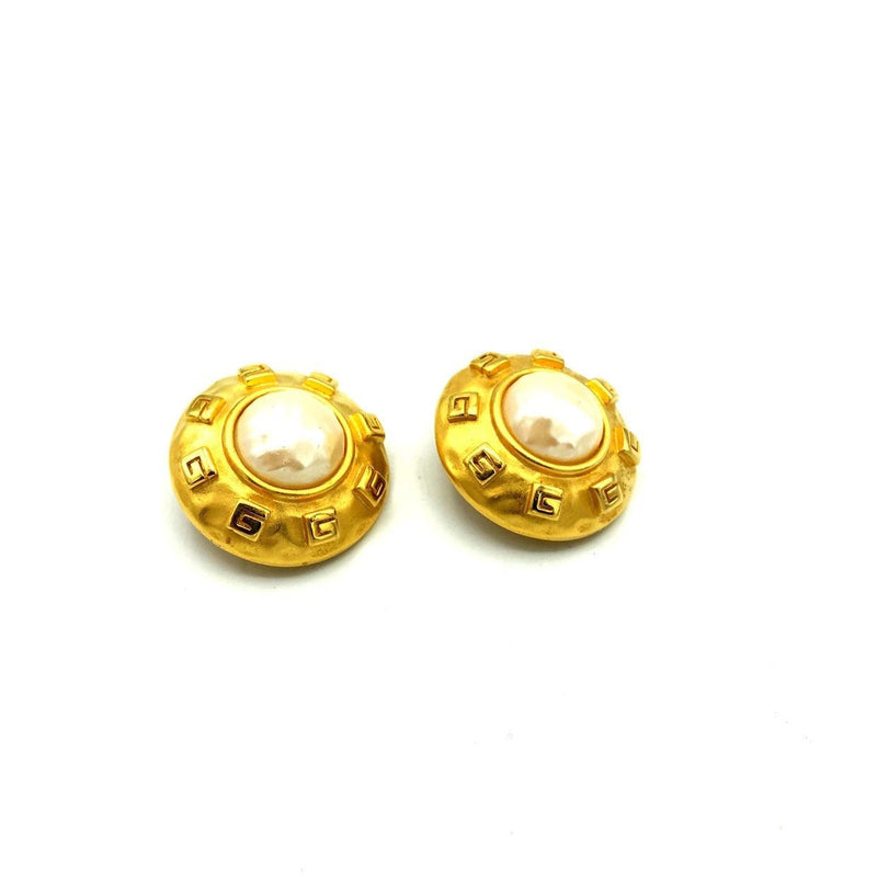Givenchy Gold & Pearl Logo Paris France Pierced Earrings - 24 Wishes Vintage Jewelry