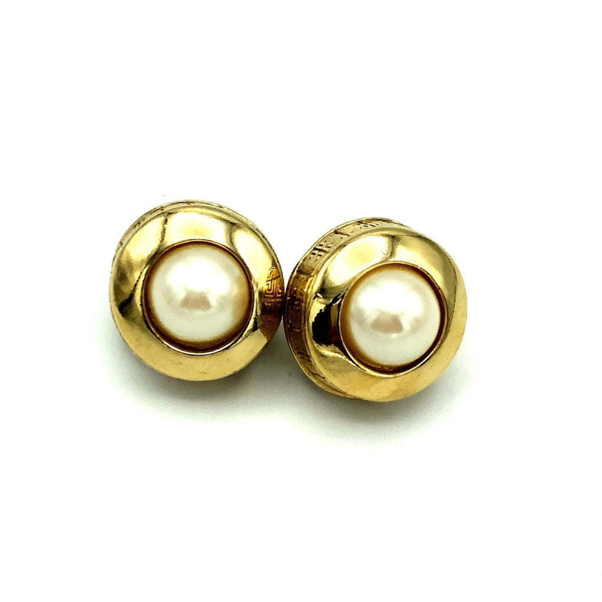 Givenchy Gold Round Pearl Logo Vintage Pierced Earrings - 24 Wishes Vintage Jewelry