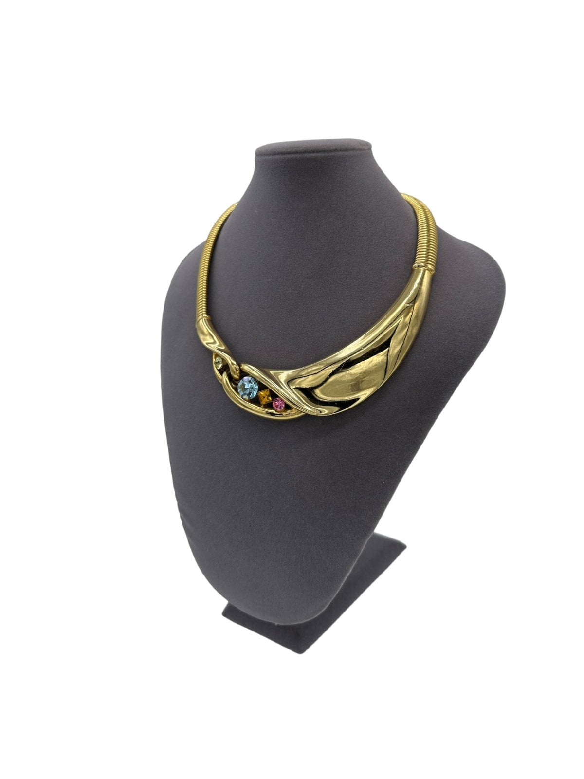 Givenchy Gold Snake Chain Bib Pastel Rhinestone Statement Pendant - 24 Wishes Vintage Jewelry