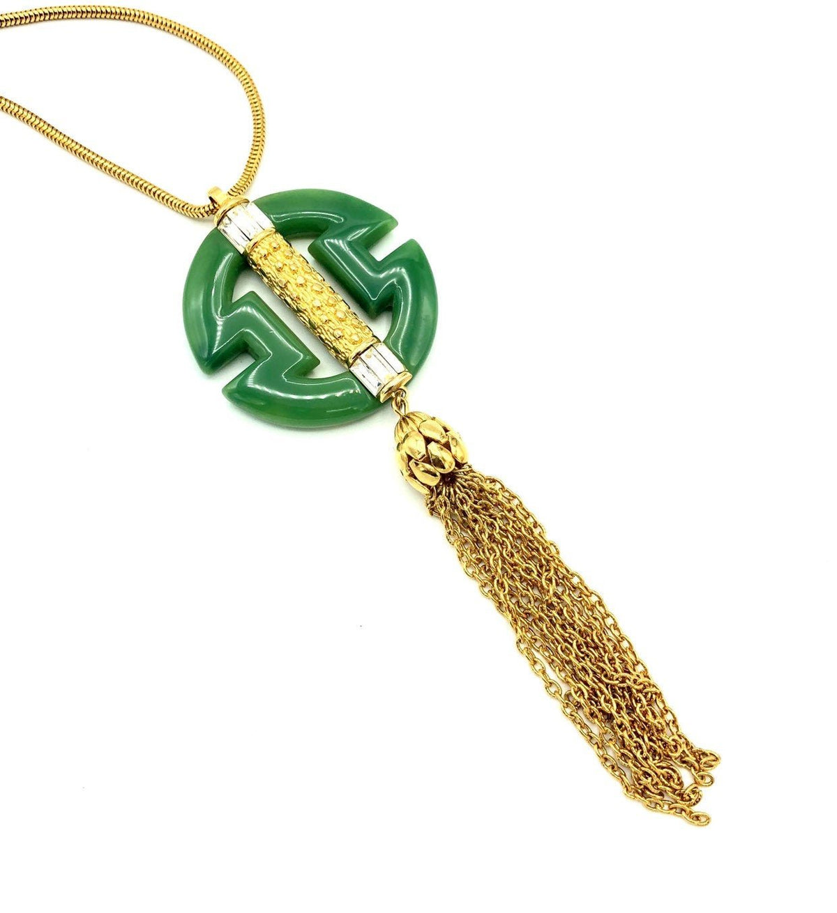 Givenchy Green Jade Logo Gold Tassel Vintage Pendant - 24 Wishes Vintage Jewelry