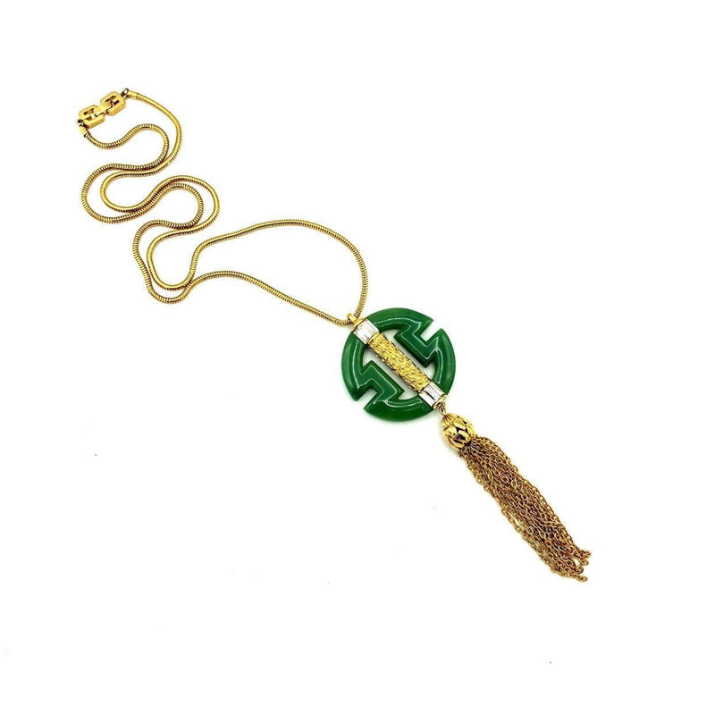 Givenchy Green Jade Logo Gold Tassel Vintage Pendant - 24 Wishes Vintage Jewelry