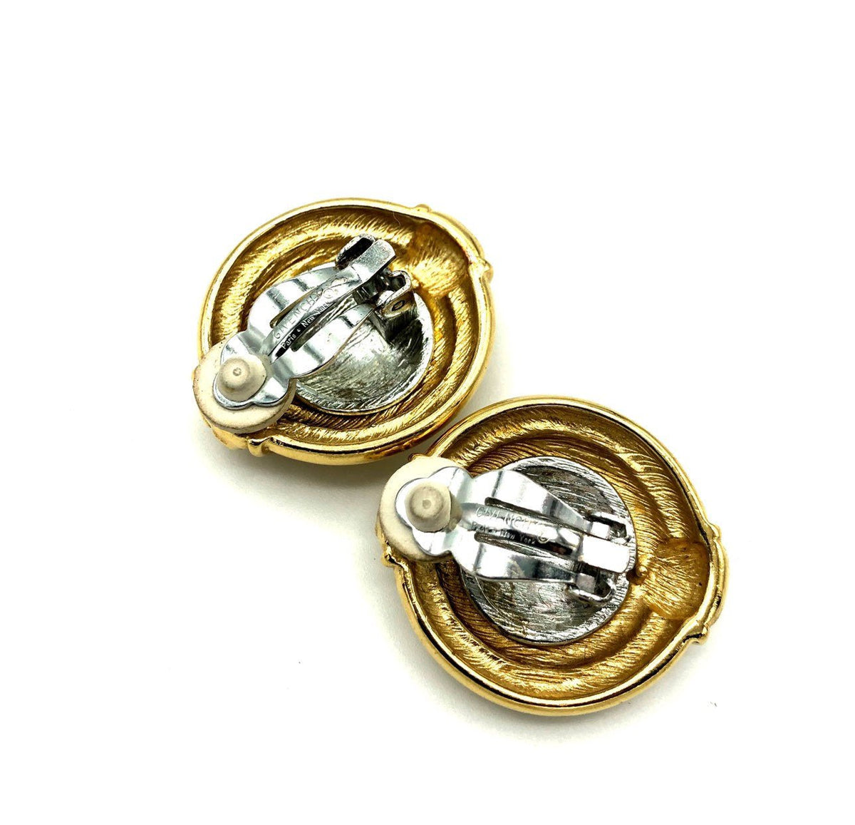 Givenchy Large Gold & Silver Logo Vintage Clip-On Earrings - 24 Wishes Vintage Jewelry