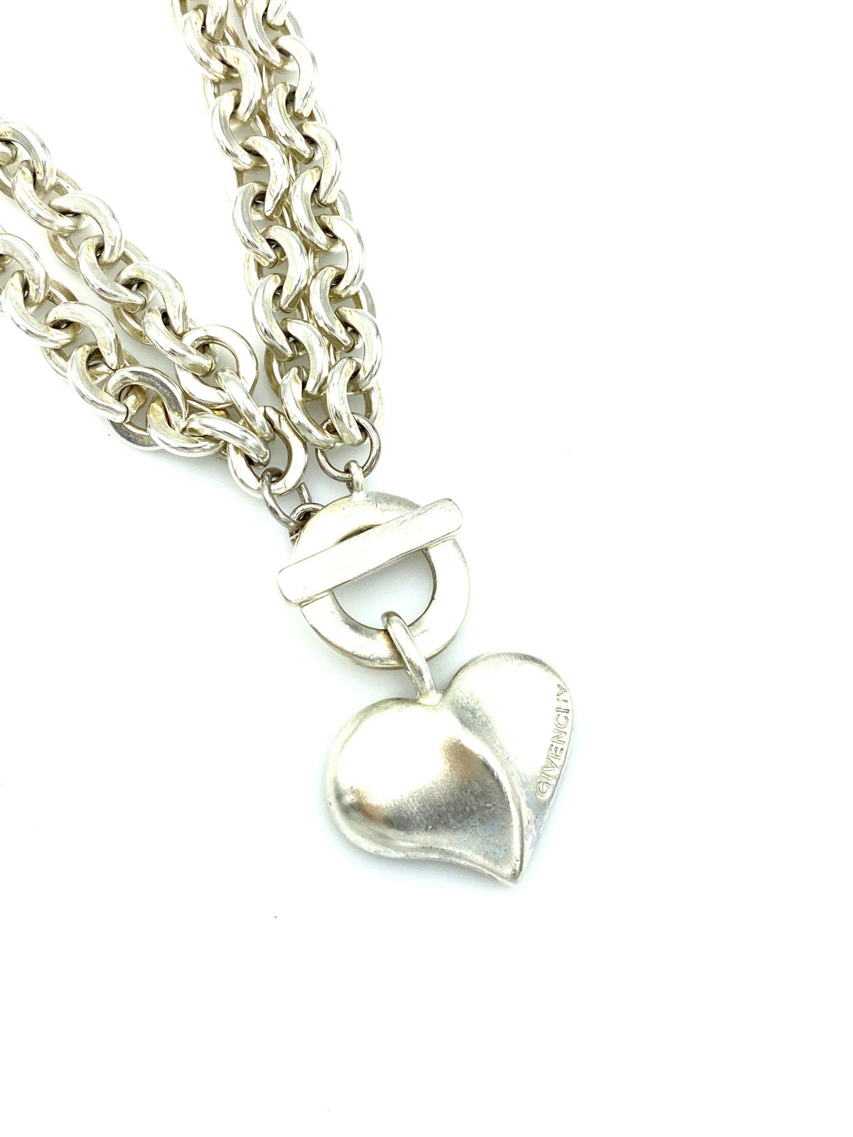 Givenchy Matt Silver Double Chain Heart Vintage Pendant - 24 Wishes Vintage Jewelry