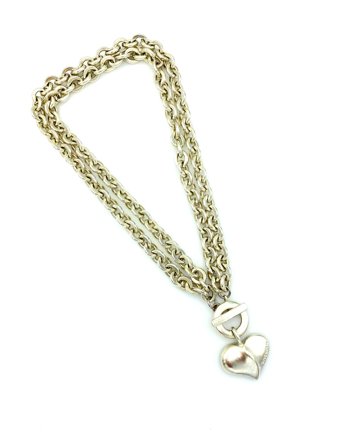 Givenchy Matt Silver Double Chain Heart Vintage Pendant - 24 Wishes Vintage Jewelry