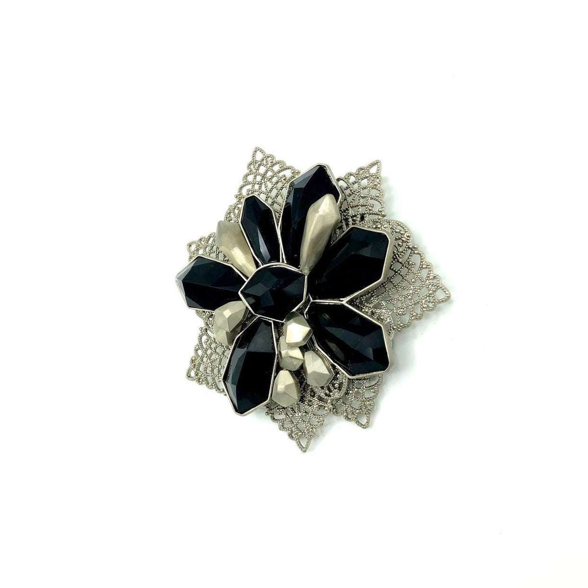 Givenchy Silver & Black Filigree Floral Vintage Brooch - 24 Wishes Vintage Jewelry