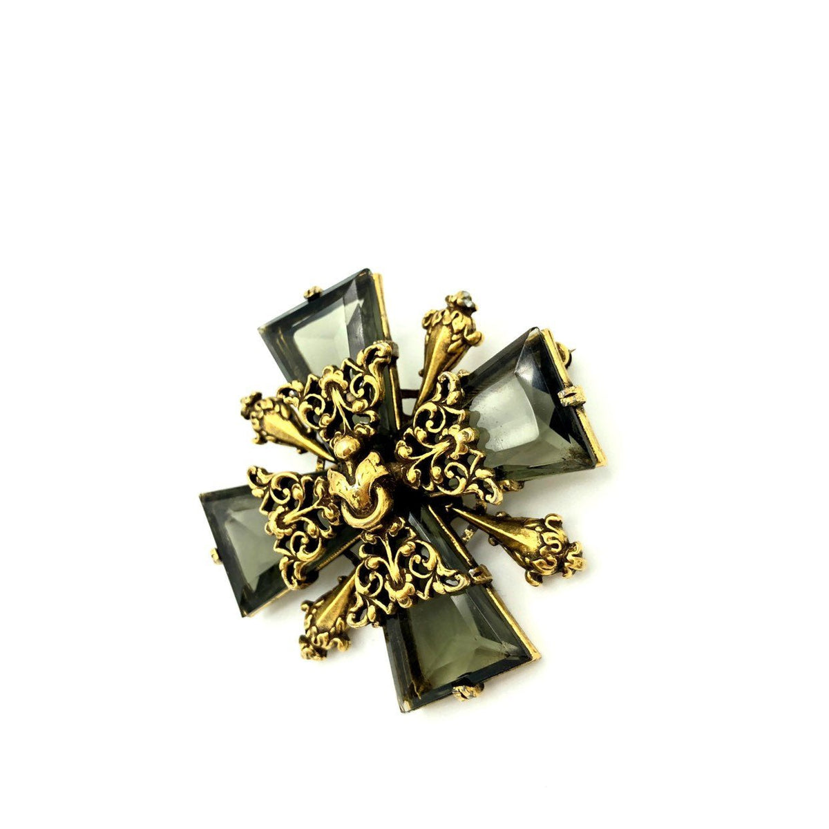 Gold Accessocraft Maltese Cross Glass Smoky Quartz Brooch - 24 Wishes Vintage Jewelry