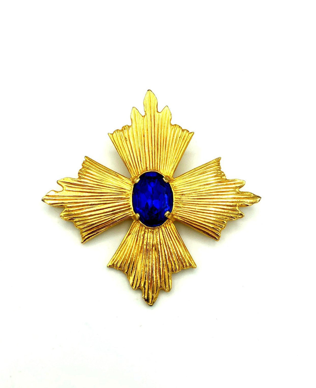 Gold Accessocraft Maltese Cross Sapphire Blue Rhinestone Brooch - 24 Wishes Vintage Jewelry