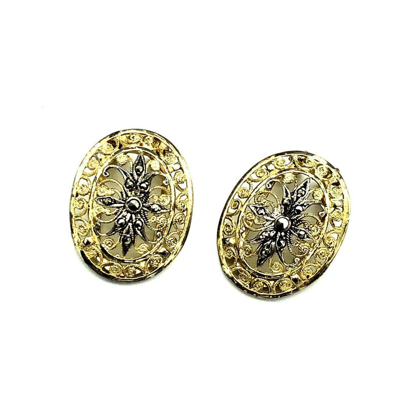 Gold Alice Caviness Filigree Marcasite Sterling Vintage Clip-On Earrings - 24 Wishes Vintage Jewelry